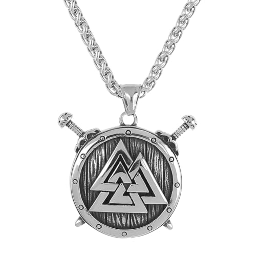 TQWSVUM Wikinger Valknut Schild Halskette Für Männer - Nordic Edelstahl Odin Dreieck Symbol Amulett Anhänger - Handgemachte Heidnische Mode Street Rock Punk Schmuck(Silver) von TQWSVUM