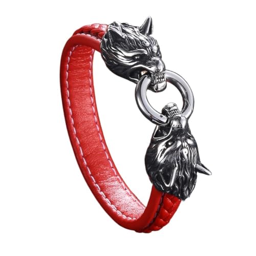 TQWSVUM Wikinger Wolf Lederarmband Für Herren –Geflochtenes Lederarmband Mit Doppelten Wolfsköpfen Aus Edelstahl -Nordischer Vintage Lederband Wickelarmreif Tieramulett Schmuck (Color : Red_195MM) von TQWSVUM