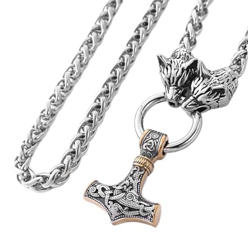 TQWSVUM Wikinger Wolfskopf Mjolnir Anhänger Halskette Für Männer - Nordic Vintage Celtic Knot Thor's Hammer Amulett - Handgefertigter Odin Wolf Edelstahl King Chain Pagan Schmuck (Color : Gold_60CM) von TQWSVUM