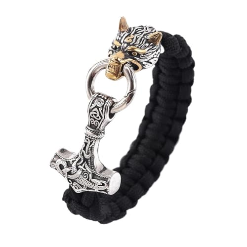 Wikinger Wolfskopf Mjolnir Paracord-Armbänder Für Männer - Handgefertigtes Odin Wolf Thors Hammerseil Geflochtenes Armband - Nordische Mythologie Tier Edelstahl Talisman Schmuck(Gold_19CM) von TQWSVUM