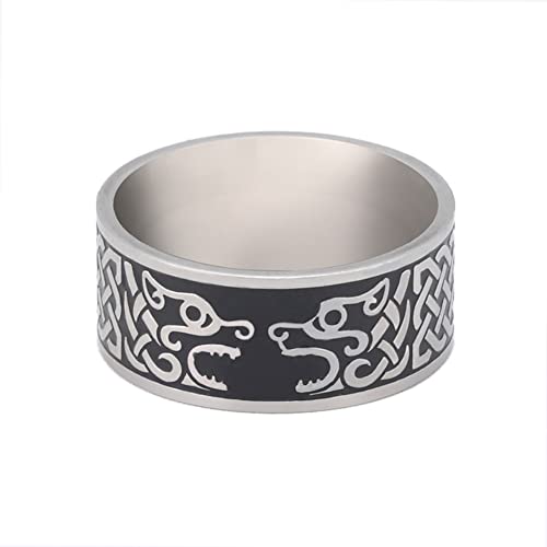 TQWSVUM Wikinger Wolfsring Aus Der Nordischen Mythologie Für Herren –Edelstahl Fingerring Mit Keltischem Knoten Und Doppeltem Wolfskopf –Unisex Odin Fenrir Hip Hop Punk Amulett Schmuck von TQWSVUM
