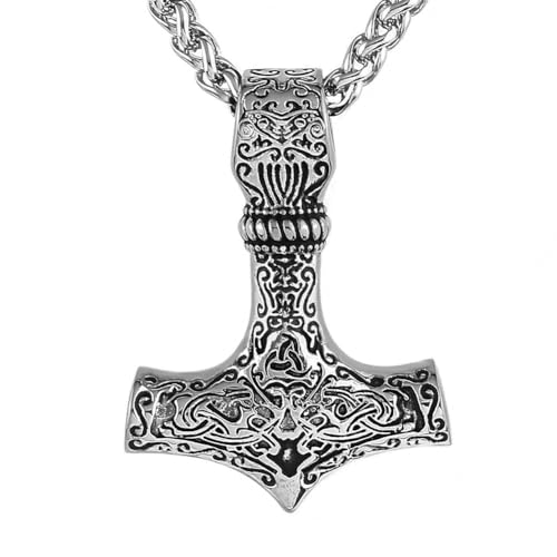 Thor Hammer Halskette Für Männer - Nordic Viking Mjolnir Anhänger Edelstahl Talisman - Handgefertigter Polierter Keltischer Knoten Dreifaches Horn Von Odin Symbol Amulett Schmuck (Color : Silver_60CM von TQWSVUM