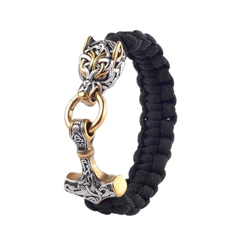 Viking Mjolnir Paracord Armband Für Männer - Nordischer Wolfskopf Thor's Hammer Anhänger Geflochtenes Seil Armband - Handgemachter Edelstahl Odin Wolf Keltischer Heidnischer Schmuck(Gold_21CM) von TQWSVUM