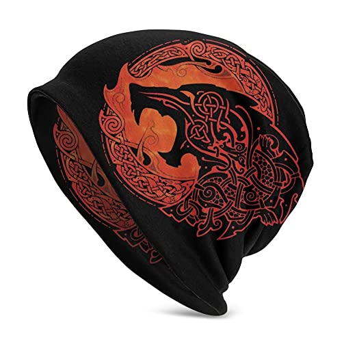 Viking Wolf Bedruckte Beanie Mütze Für Männer Frauen - Nordische Mythologie Doppellagige Piratenmützen - Erwachsene Im Freien Vintage Keltische Odin Wolf Skullies Dünne Haube ( Color : Fenrir 4 , Size von TQWSVUM