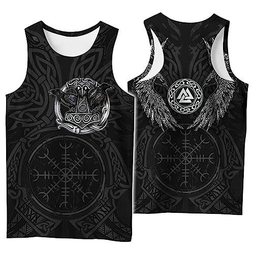 Viking Workout Tanktops Für Herren - Nordic Fenrir Graffiti 3D Digital Gedruckte Lässige Schnell Trocknende Weste - Outdoor Beach Yoga Harajuku Mesh Rundhalsausschnitt Ärmelloses T-Shirt(Helm of Awe,X von TQWSVUM