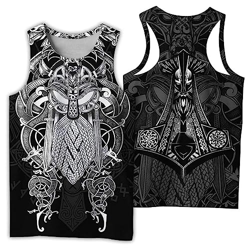 Viking Workout Tanktops Für Herren - Nordic Fenrir Graffiti 3D Digital Gedruckte Lässige Schnell Trocknende Weste - Outdoor Beach Yoga Harajuku Mesh Rundhalsausschnitt Ärmelloses T-Shirt(Odin,L) von TQWSVUM