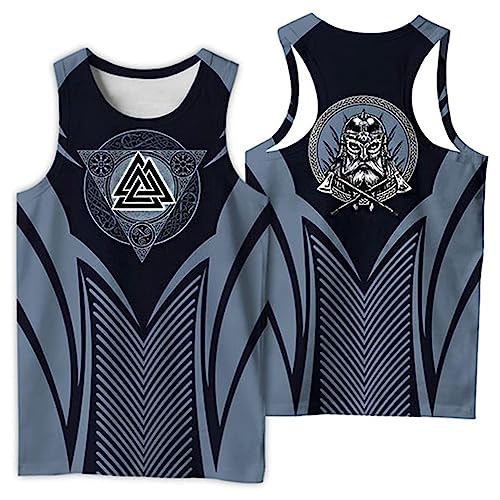 Viking Workout Tanktops Für Herren - Nordic Fenrir Graffiti 3D Digital Gedruckte Lässige Schnell Trocknende Weste - Outdoor Beach Yoga Harajuku Mesh Rundhalsausschnitt Ärmelloses T-Shirt(Valknut B,M) von TQWSVUM