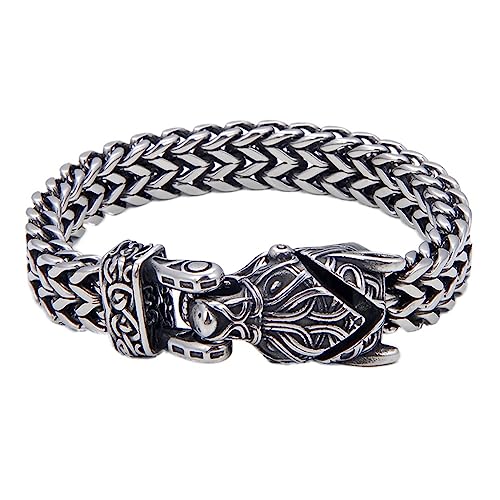 Wikinger Wolf Mesh Kettenarmband Für Herren - Nordische Keltische Knoten Wolfskopf Talisman Armreifen Aus Rostfreiem Stahl - Mode Heavy Odin Fenrir Amulett Armband Schmuck ( Color : Silver , Size : 21 von TQWSVUM