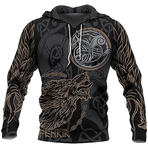 Wikinger Wolf T-Shirt Für Herren –Nordische Mythologie Odin Fenrir 3D Grafik Kordelzug Pullover Kurzarm – Unisex Neuheit Vintage Kompass Vegvisir Langarm Freizeitjacke ( Color : Hoodie , Size : XL ) von TQWSVUM