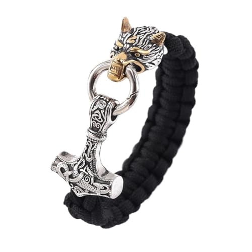 Wikinger Wolfskopf Mjolnir Paracord-Armbänder Für Männer - Handgefertigtes Odin Wolf Thors Hammerseil Geflochtenes Armband - Nordische Mythologie Tier Edelstahl Talisman Schmuck ( Color : Gold_23CM ) von TQWSVUM