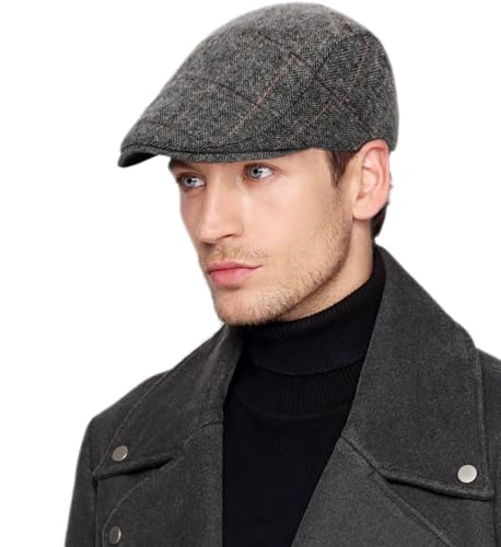 TRABIG Schirmmütze Herren mit Karierte, Hut Barett Herren Wollmischung Tweedkappe, Baskenmütze Herren Schwarz Flatcap Newsboy Mütze Driving Hut fur Herbst/Winter von TRABIG