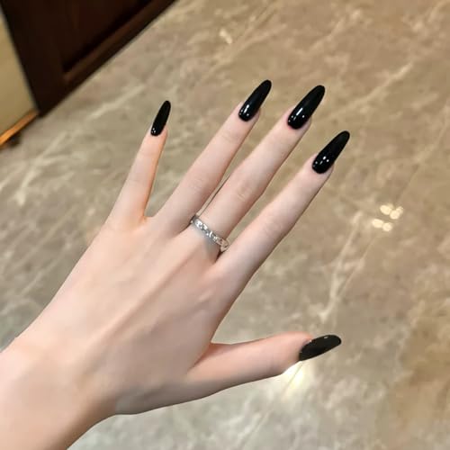 Schwarze Nägel zum Aufdrücken, 24 Stück – Mandel mittellange falsche Nägel mit Kleber, wiederverwendbare Acryl Fake Nails Stiletto Stick on Natural Look Full Cover für Frauen, Partys, Halloween Schwarze Nägel zum Aufdrücken, 24 Stück – Mandel mittellange falsche Nägel mit Kleber, wiederverwendbare Acryl Fake Nails Stiletto Stick on Natural Look Full Cover für Frauen, Partys, Halloween von TRACOMPAN