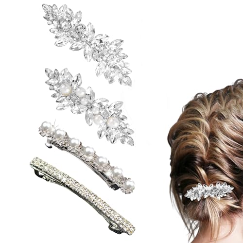 TRACOMPAN Haarspange mit Strasssteinen, 4 Stück, glitzernde, silberfarbene Perlen-Haarspangen für Damen, elegante Diamant-Haarspange mit Kristall, Hochzeitsfeier, Braut-Haarschmuck, 4 Stile von TRACOMPAN