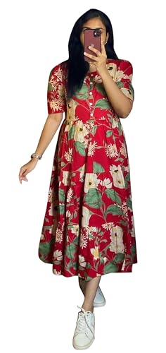 TRAFAART Damen Baumwolle Kurti Floral Printed Flared Kurta Plissee Sommerkleid, Rot/Ausflug, einfarbig (Getaway Solids), Large von TRAFAART