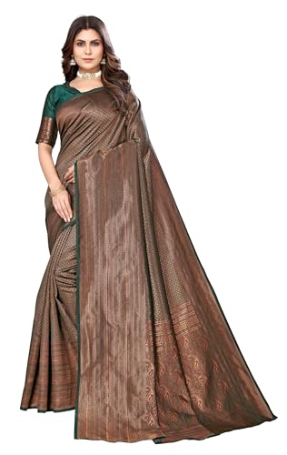 TRAFAART Damen Kanjivaram Stil Saree Kastanienbraun Indischer Banarasi Jacquard Sari mit ungesäumtem Blusenteil, grün, 42 TRAFAART Damen Kanjivaram Stil Saree Kastanienbraun Indischer Banarasi Jacquard Sari mit ungesäumtem Blusenteil, grün, 42 von TRAFAART