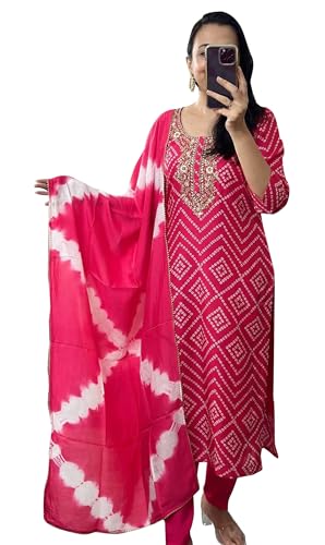 TRAFAART Damen Tunikakleid mit Bandhani Print und Besticktem Halsausschnitt-Pink (XXL) von TRAFAART