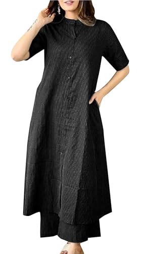 TRAFAART Fein Baumwolle Kurta Setzen für Frauen A-Linie Solide Kragen Kurti Hose (Schwarz-XX-Groß) von TRAFAART