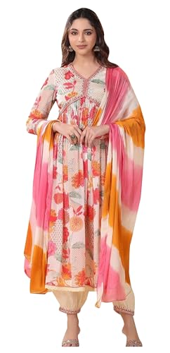 TRAFAART Indisch Ethnisch Frauen's Gedruckt Kurti Satz Salwar Kameez mit Dupatta Tunika Kleid-Gebrochenes Weiß und Rosa von TRAFAART