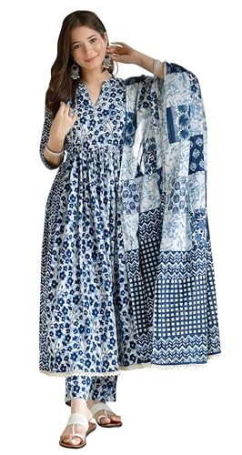 TRAFAART Indischer Anzug Ethno Damen Gedruckt Kurti Set mit Dupatta Tunika Baumwolle Kleid, Blau, XX-Large von TRAFAART