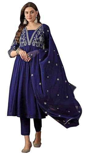 TRAFAART Set Aus Viskose-Kurta Und Hose Für Damen Ethnisches Kleid Pailletten-Stickerei A-Linien-Kurti-Hose Mit Dupatta (Blau-X-Large) von TRAFAART