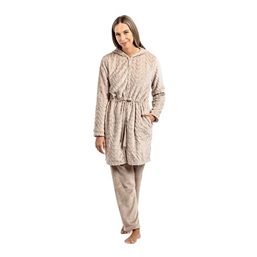 TRAMAS+ Bademantel Damen aus Samt Fleece-Morgenmantel Lang mit Kapuze und Reißverschluss, superweicher und extrawarmer Morgenmantel Gürtel und Taschen | Beige, M von TRAMAS+