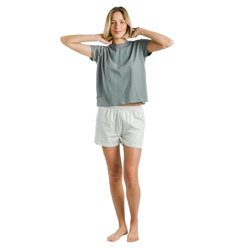 TRAMAS+ Damen-Pyjama Sommer 100% Baumwolle – Fließendes Shirt mit kurzen Ärmeln und Shorts, Übergangs-Pyjama -XL, Xenia von TRAMAS+