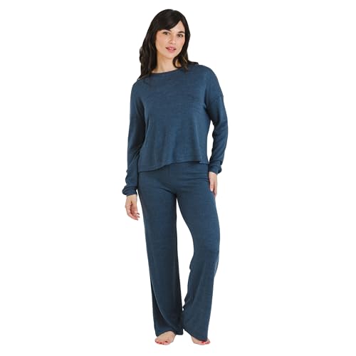 TRAMAS+ Damen-Pyjamas für die Übergangszeit, Damen Angorina Pyjamas, Damen Langarm T-Shirt und Hosen Set mit verstellbarem Bund, Warmes Damen Set- L, Azul Azafata von TRAMAS+