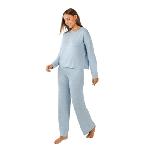 TRAMAS+ Damen-Pyjamas für die Übergangszeit, Damen Angorina Pyjamas, Damen Langarm T-Shirt und Hosen Set mit verstellbarem Bund, Warmes Damen Set- L, Azul von TRAMAS+