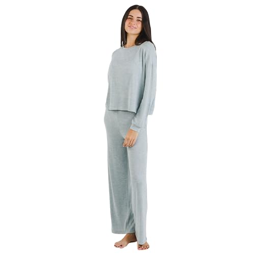 TRAMAS+ Damen-Pyjamas für die Übergangszeit, Damen Angorina Pyjamas, Damen Langarm T-Shirt und Hosen Set mit verstellbarem Bund, Warmes Damen Set- S, Celeste von TRAMAS+