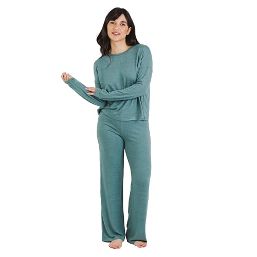 TRAMAS+ Damen-Pyjamas für die Übergangszeit, Damen Angorina Pyjamas, Damen Langarm T-Shirt und Hosen Set mit verstellbarem Bund, Warmes Damen Set- XL, Verde Francés von TRAMAS+
