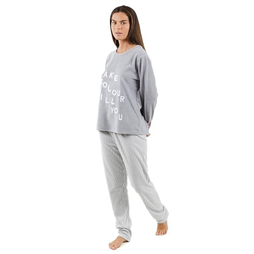 TRAMAS+ Fleece-Pyjama für Damen Winter Set Lang Zweiteiliger Nachtwäsche Weich Warm Flanell für Zuhause für Mädchen | Emiro Mittelgrau, S von TRAMAS+