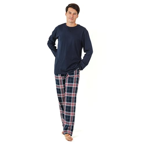 TRAMAS+ Herren Flanell-Pyjama-Set mit Langarm-T-Shirt und Langer Hose, 100% Baumwolle und Flanell Winter Schlafanzug für Herren | Bild Curtis Marineblau, S von TRAMAS+