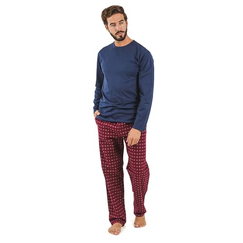 TRAMAS+ Herren Flanell-Pyjama-Set mit Langarm-T-Shirt und Langer Hose, 100% Baumwolle und Flanell Winter Schlafanzug für Herren | Loui Marineblau, L von TRAMAS+