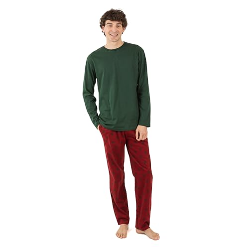 TRAMAS+ Herren Flanell-Pyjama-Set mit Langarm-T-Shirt und Langer Hose, 100% Baumwolle und Flanell Winter Schlafanzug für Herren | Sierpes Grün, L von TRAMAS+