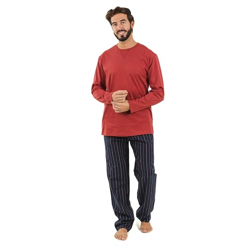 TRAMAS+ Herren Flanell-Pyjama-Set mit Langarm-T-Shirt und Langer Hose, 100% Baumwolle und Flanell Winter Schlafanzug für Herren | St Louis Bordeaux Streifen, S von TRAMAS+