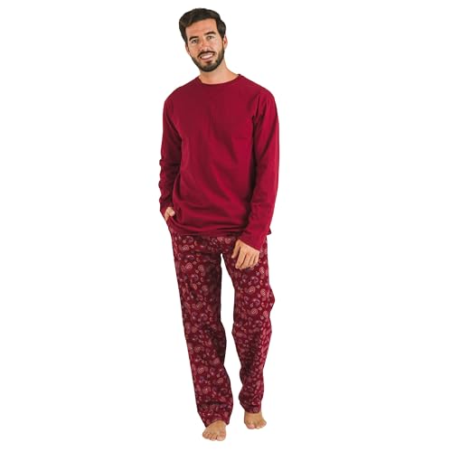TRAMAS+ Herren Flanell-Pyjama-Set mit Langarm-T-Shirt und Langer Hose, 100% Baumwolle und Flanell Winter Schlafanzug für Herren- XL, Phylis Burdeos von TRAMAS+