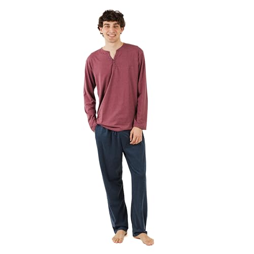 TRAMAS+ Herren Pyjama Knöpfe mit Langen Ärmeln und Langen Hosen, Frühling und Herbst, Nachtwäsche Set - Weinrot Marine, S von TRAMAS+