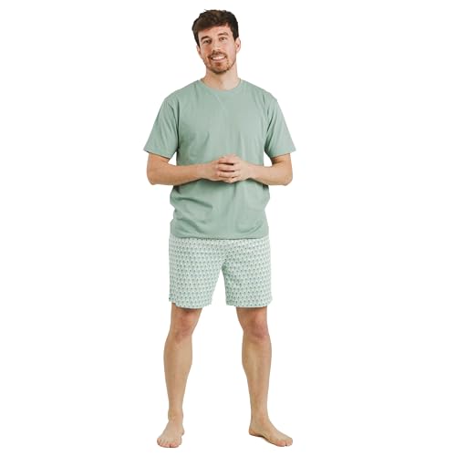 TRAMAS+ Herren Sommer Pyjama aus 100% Baumwolle – Kurzer Schlafanzug mit T-Shirt und Shorts – Leichter und Bequemer Zweiteiler für warme Nächte, XL - Olimpo Verde Francés von TRAMAS+
