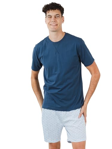 TRAMAS+ Herren Sommer Pyjama aus 100% Baumwolle – Kurzer Schlafanzug mit T-Shirt und Shorts – Leichter und Bequemer Zweiteiler für warme Nächte, M - Timon Blau von TRAMAS+