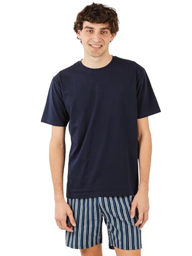TRAMAS+ Herren Sommer Pyjama aus 100% Baumwolle – Kurzer Schlafanzug mit T-Shirt und Shorts – Leichter und Bequemer Zweiteiler für warme Nächte, L - Raya Galileo Blau von TRAMAS+