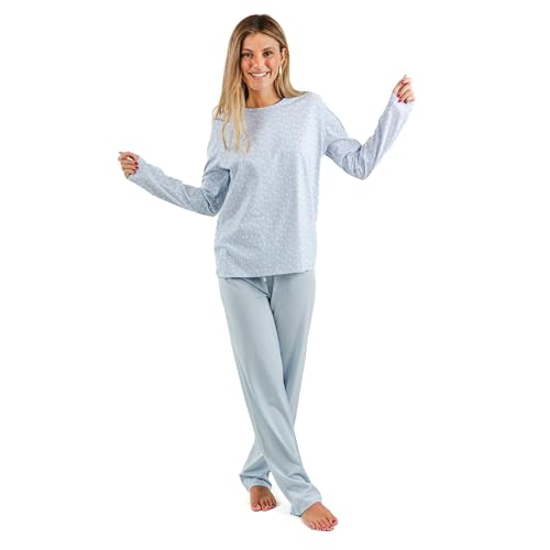 TRAMAS+ Schlafanzug Damen Lang 100% Baumwolle Pyjama Set Zweiteiliger Nachtwäsche Winter Langarm - Leonora Hellblau, S von TRAMAS+