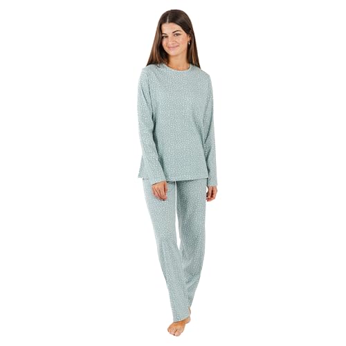 TRAMAS+ Schlafanzug Damen Lang 100% Baumwolle Pyjama Set Zweiteiliger Nachtwäsche Winter Langarm - Anita Verblasstes Grün, L von TRAMAS+