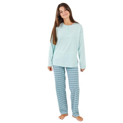 TRAMAS+ Schlafanzug Damen Lang 100% Baumwolle Pyjama Set Zweiteiliger Nachtwäsche Winter Langarm - Galieni Grünblau, L von TRAMAS+