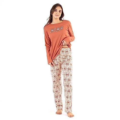 TRAMAS+ Schlafanzug Damen Lang 100% Baumwolle Pyjama Set Zweiteiliger Nachtwäsche Winter Langarm - Tiber Fliese, L von TRAMAS+