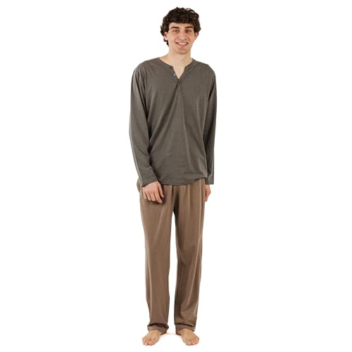 TRAMAS+ Schlafanzug Herren Lang Baumwolle Pyjama Set mit Knöpfen - Petrol Braun, XXL von TRAMAS+