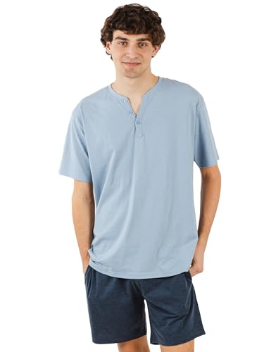TRAMAS+ Schlafanzug Herren kurz mit Knöpfen - Nightwear Pyjama Set Oberteil und Kurze Hosen Sleepwear für Sommer - Indigoblau, M von TRAMAS+