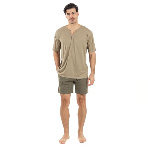 TRAMAS+ Schlafanzug Herren kurz mit Knöpfen - Nightwear Pyjama Set Oberteil und Kurze Hosen Sleepwear für Sommer - Jagdgrün, L von TRAMAS+