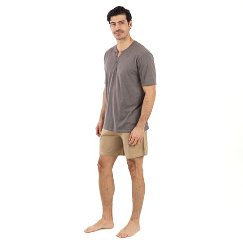 TRAMAS+ Schlafanzug Herren kurz mit Knöpfen - Nightwear Pyjama Set Oberteil und Kurze Hosen Sleepwear für Sommer - Sand, XL von TRAMAS+