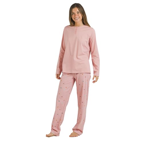 TRAMAS+ Schlafanzug für Frauen aus 100% Baumwolle, Langer Schlafanzug für Frauen, Langarm-T-Shirt und Lange Hose mit Verstellbarer Taille, Damen-Set - L, Mapita Rosa von TRAMAS+