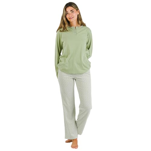 TRAMAS+ Schlafanzug für Frauen aus 100% Baumwolle, Langer Schlafanzug für Frauen, Langarm-T-Shirt und Lange Hose mit Verstellbarer Taille, Damen-Set- L, Michelle Verde von TRAMAS+